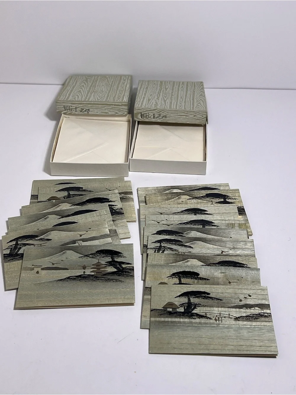 VTG Handpainted Japan Fujiyoshida Mountain Temple Pagoda Bamboo Wood Notecards